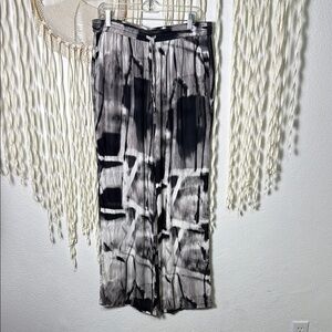 Go Silk Black Gray Patterned Pull On Wide Leg Silk Pants with Pockets Large